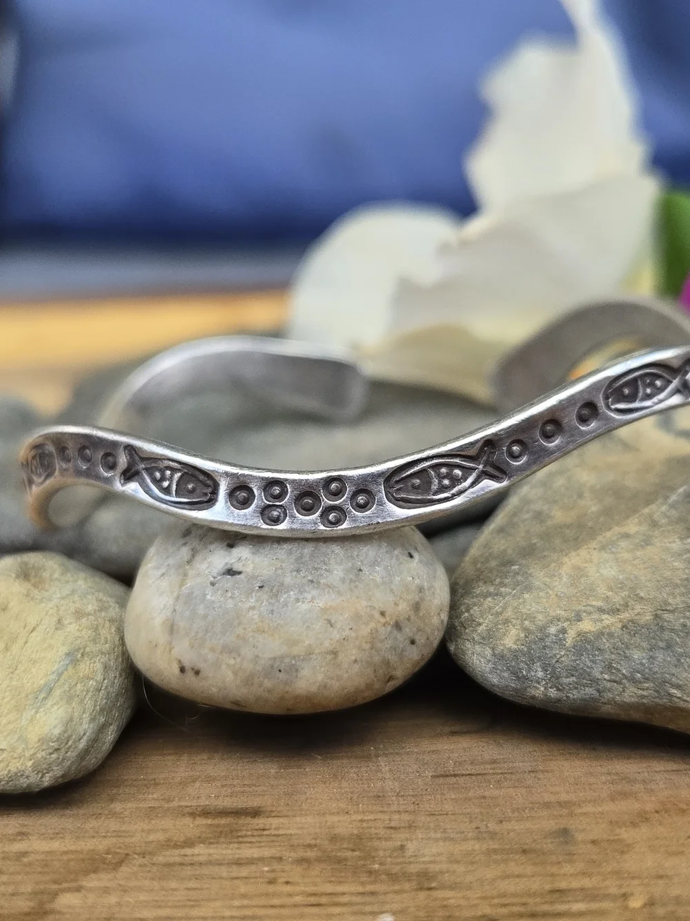 Thai Sterling-Style Silver Wavy Fish Stamped Unisex Bracelet